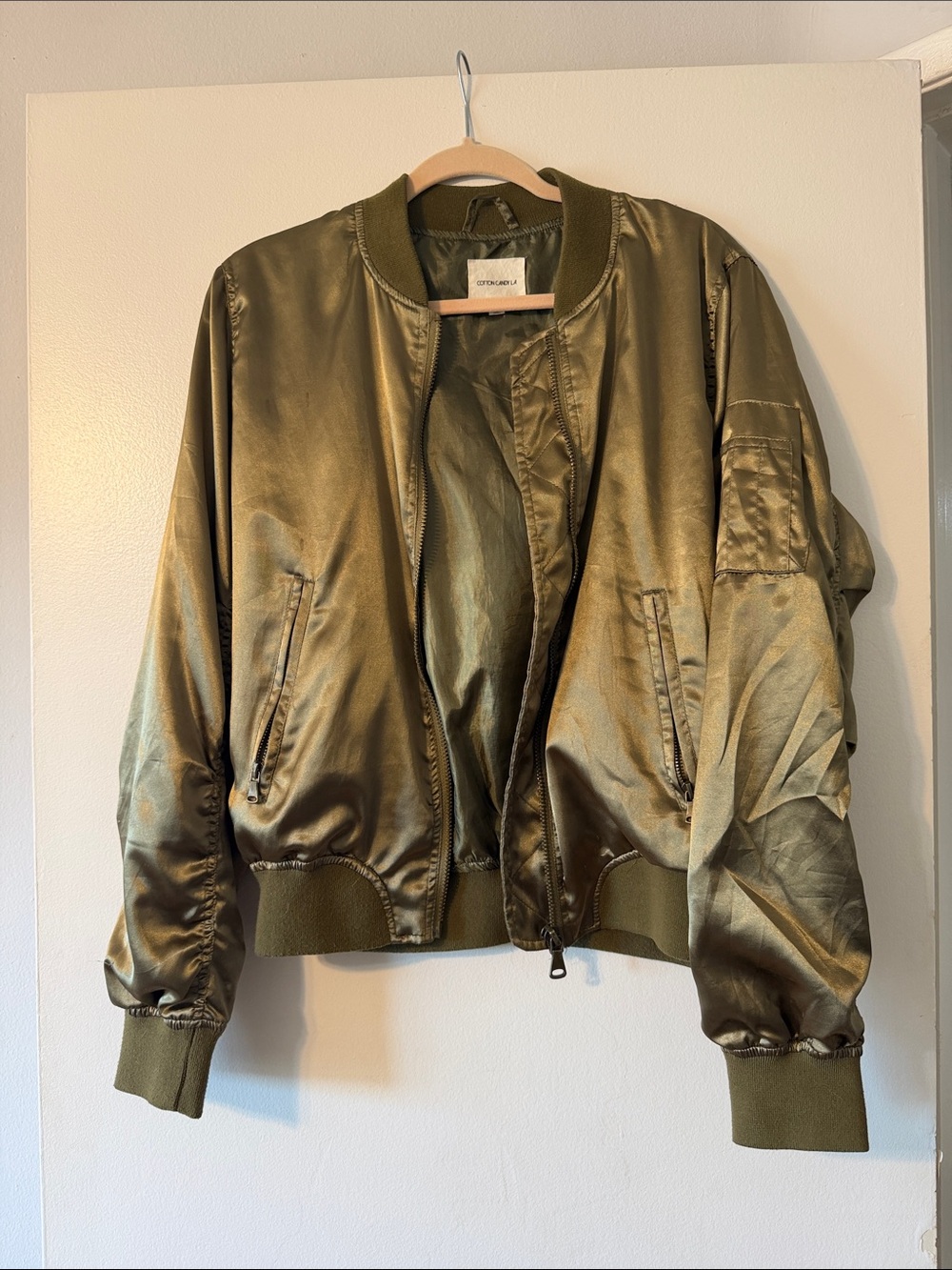 Cotton Candy Olive Green Satin Bomber Jacket